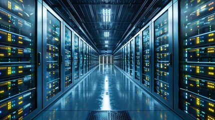 Rows of server racks fill the corridor of a modern data center, with glowing lights indicating active equipment, all set in a well maintained facility.