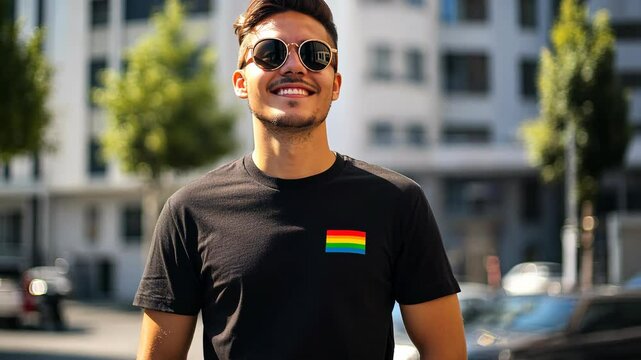 A smiling man wearing sunglasses and a black t-shirt with a rainbow flag patch, standing outdoors in an urban setting