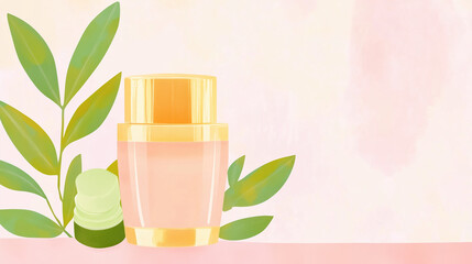 2D illustration of Modern facial cleanser in stylish jar with green leaves, perfect for skincare routines. This vibrant design emphasizes freshness and natural beauty
