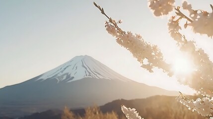 Cherry blossoms blooming at mount fuji japan - scenic landscape photography serene environment