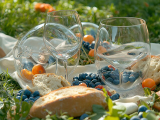 Charming outdoor picnic with wine glasses, fresh bread, and seasonal berries on a sunny day