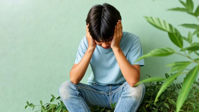 A young person sits on the ground, appearing thoughtful and introspective, with hands covering their ears in contemplation.