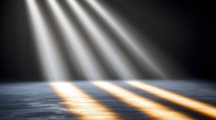 Obraz premium Beams of light illuminating calm water surface in a dark environment creating a serene and peaceful atmosphere.