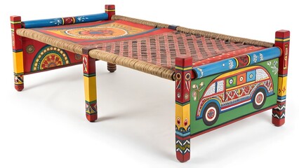 A vibrantly decorated traditional Pakistani bed, known as a Charpai or Charpoy