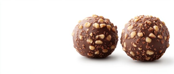 Obraz premium Two Delicious Chocolate Hazelnut Candy Balls on a White Background in a Studio Shot with a High Angle and Soft Lighting