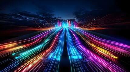 Futuristic visual representation of a technology roadmap with vibrant glowing circuit pathways guiding the development of IT infrastructure software rollouts