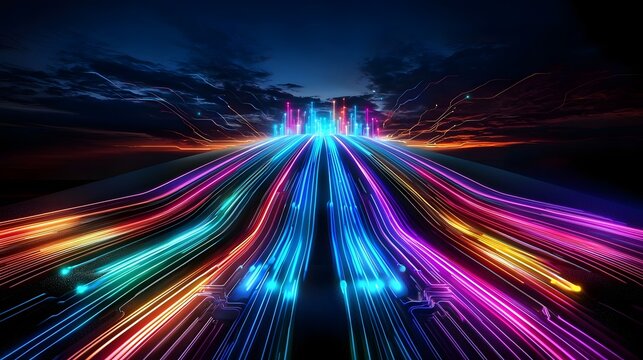 Futuristic visual representation of a technology roadmap with vibrant glowing circuit pathways guiding the development of IT infrastructure software rollouts
