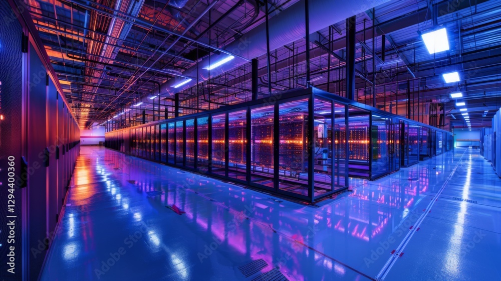 Poster rows of server racks are organized in a high tech data center, showcasing vibrant blue and purple li