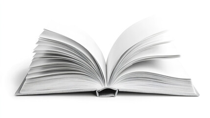Fototapeta premium Open book with crisp pages fanned out on white background