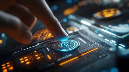 Obraz premium A close-up of a finger about to press a glowing power button, symbolizing technology, startup, digital activation, power control, hardware innovation, digital transformation