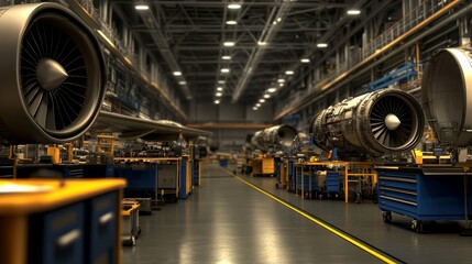 Obraz premium Industrial aircraft engine assembly line showcasing detailed machinery and organized workspace