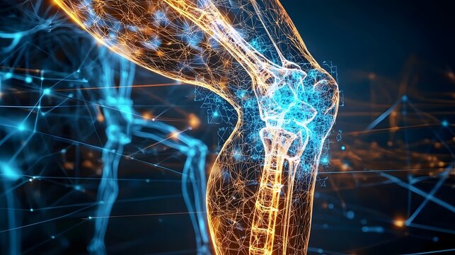High tech futuristic cybernetic leg with glowing neon blue neural connections sleek advanced robotic design energy pulses flowing through veins against a dark sci fi background