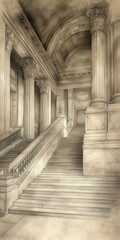 Sepia Toned Drawing Of A Grand Stone Staircase In A Classical Building Interior With Ornate Details And Architectural Composition.  Perspective Drawing Emphasizing Depth And Light.  Details Of