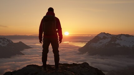 Fototapeta premium Hiker Observes Breathtaking Sunset Over Mountainous Landscape