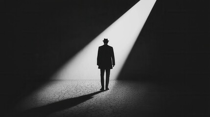 Obraz premium Mysterious Figure in Spotlight Against Dark Background in Black and White