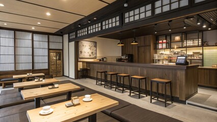 "Modern Minimalist Restaurant Interior with Wooden Tables, Warm Lighting, and Functional Design – A Cozy Space Featuring a Chic Bar Area"