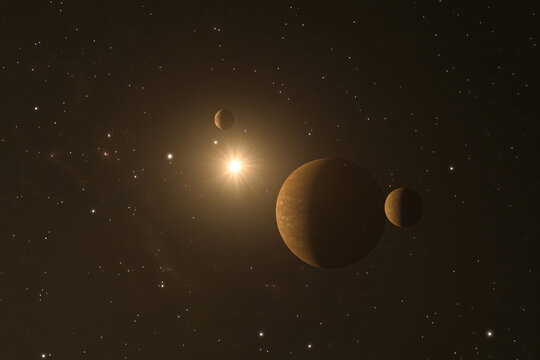 a group of planets in the sky with a star in the background