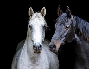 Obraz premium The elegant heads of a black horse and a white horse stand side by side. Generated with AI
