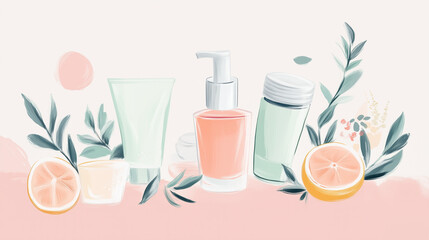 2D illustration of Modern digital illustration of skincare products with citrus elements, showcasing fresh and vibrant aesthetic. Perfect for beauty and wellness themes