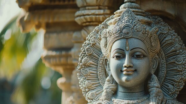 A close-up of Lord Vishnu's statue with his Sudarshan Chakra, displayed in a peaceful temple setting