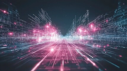 Obraz premium Aerial view of a dynamic cyber environment futuristic digital landscape visualization