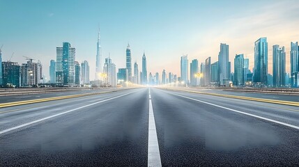 Fototapeta premium Minimalist composition of an empty highway merging into a glowing metropolitan skyline city lights shining under a twilight sky symbolizing growth and urban expansion