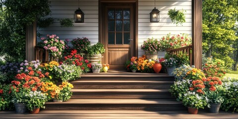 Brightly colored flowers adorn a charming wooden porch in a sunny outdoor setting with vibrant greenery
