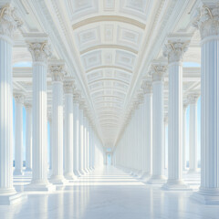 Fototapeta premium A monumental neoclassical government building with towering white columns, dramatic perspective shot, high-definition realism, ultra-detailed historic architecture. 
