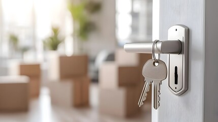 New home keys inserted into a modern door lock with warm sunlight streaming into the room filled with stacked cardboard boxes symbolizing a fresh start and exciting relocation to a new living space