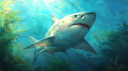 Fototapeta premium Majestic Shark Swimming Gracefully in Clear Blue Ocean Waters
