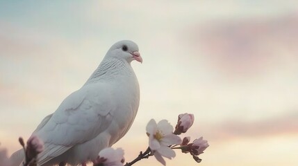 Obraz premium Elegant White Dove Perched on Blooming Cherry Blossom Branch at Dusk
