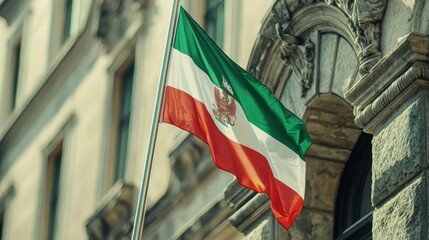 A close-up of the Bulgaria flag displayed outside a national monument or building