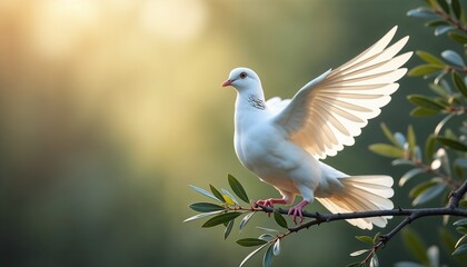 White dove gracefully perched on a branch with outstretched wings in soft sunlight