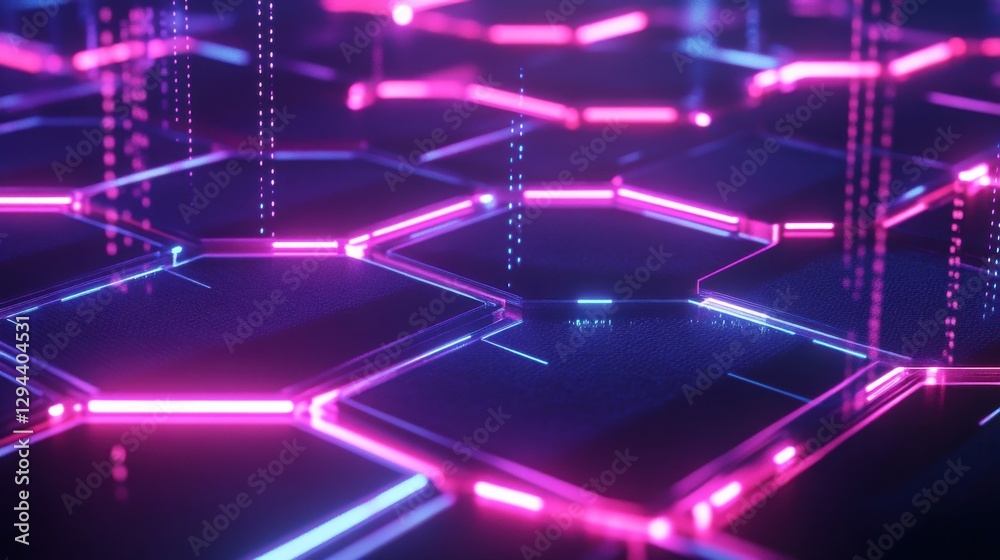 Wall mural neon hexagonal pattern with glowing lights on a dark background