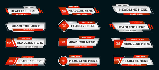 Breaking news lower third banner set. TV header bars for news, sports, and live broadcast vector set collection. Essential video titles in red gradient modern color. Isolated lower third template