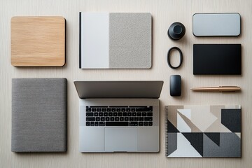 A minimalist workspace featuring a laptop, notebooks, pen, and other office supplies on a light wooden desk.
