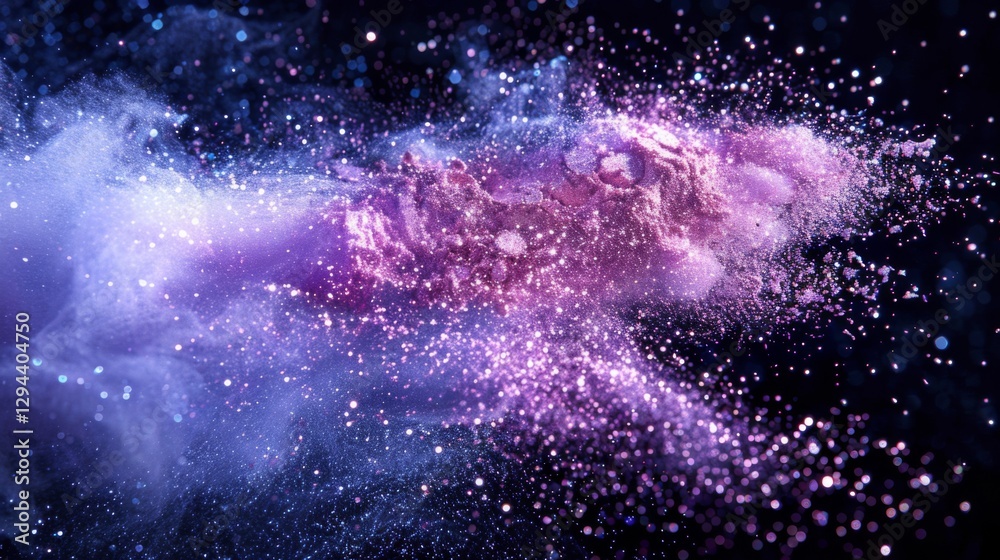 Poster A vibrant swirl of cosmic dust and particles creates an enchanting visual in space. The colors blend beautifully, showcasing shades of purple and pink against a dark backdrop.