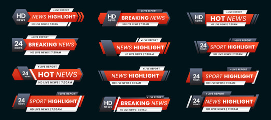 Set of breaking news lower third bar banner design. Tv header bars for news, sports, and live broadcast information. Professional video title templates for broadcast and media vector set collection