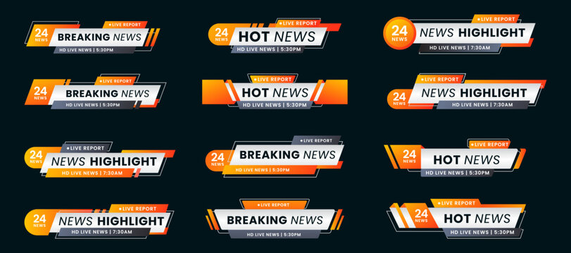 Set of breaking news lower third bar banner design. Tv header bars for news, sports, and live broadcast information. Professional video title templates for broadcast and media vector set collection