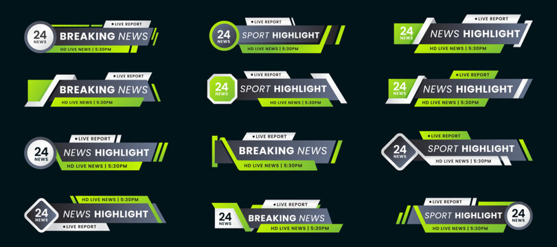 Breaking news lower third banner set. TV header bars for news, sports, and live broadcast vector set collection. Essential video titles in green gradient modern color. Isolated lower third template