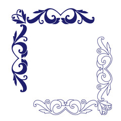 Vector floral corners set, black, blue on white. Eps 10. Vector illustration.