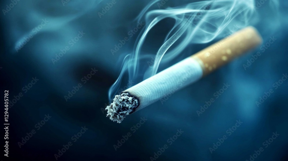 Poster A glowing cigarette rests with wisps of smoke spiraling into the air, creating an atmosphere of calm and contemplation in a dim light, evoking feelings of solitude and introspection