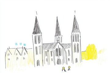 Obraz premium Sketch Of A Church With Three Towers And Yellow Highlights in Architecture Drawing Illustration Style With Detail Perspective View featuring Windows And Doors and Roofs and Gothic and Facades and