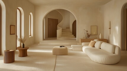 Elegant modern living room with neutral tones, spiral staircase, and minima furniture design in soft natural light.
