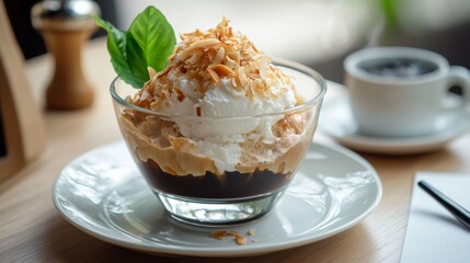 Delicious coconut affogato dessert served in a transparent bowl with whipped cream and sprinkled nuts at a cozy cafe