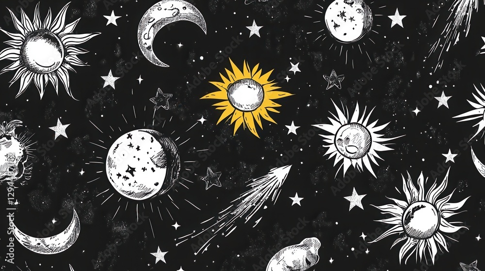 Wall mural celestial patterns with sun, moon, stars, and comets in dark background