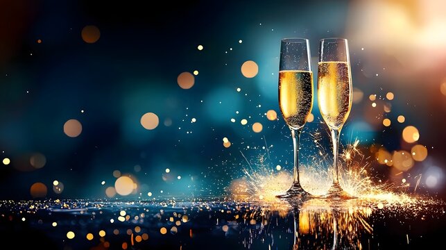 Two champagne flutes stand elegantly against a blurred glowing backdrop with a double exposure effect merging golden sparkles and delicate reflections for a stylish party atmosphere