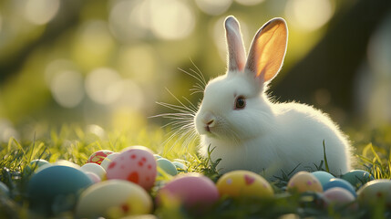 white rabbit sits among colorful Easter eggs in sunlit meadow