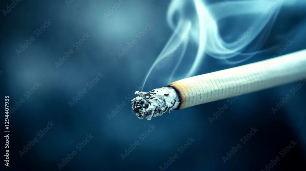 Poster A delicate cloud of smoke curls gently from a smoldering cigarette, creating a serene atmosphere in the subdued light, evoking peaceful contemplation at dusk