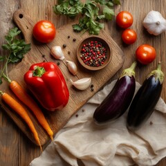 Fresh Harvest: Vibrant Vegetables and Spices on Rustic Wooden Board, Ready for a Healthy Meal Preparation